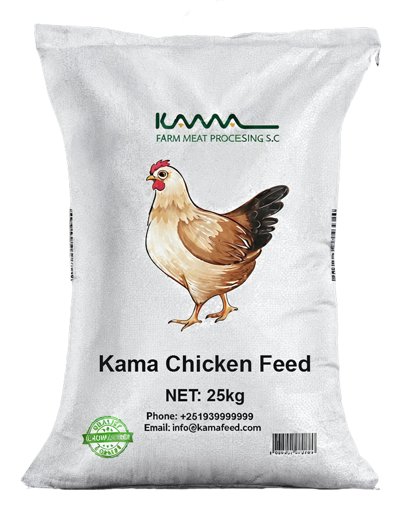 Two packages of organic chicken feed with a logo featuring a chicken, one with a blue bottom and the other with a pink bottom, alongside a pile of mixed grains.