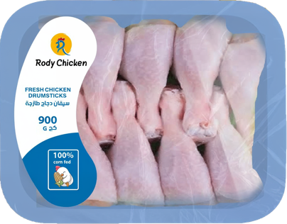Packaged raw chicken drumsticks in a blue tray with a label indicating weight and branding.